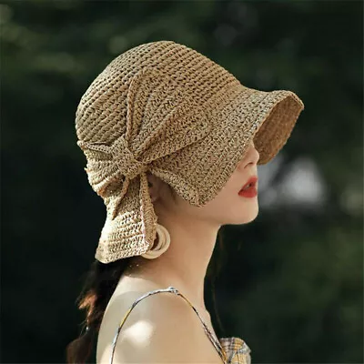Women Vintage Fashion Folding Straw Bucket Hat Braid Summer Beach Sun Hat W/ Bow • $12.34