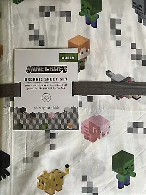 POTTERY BARN KIDS Minecraft Organic QUEEN 4 Pc Sheets Set - NEW • $133.99