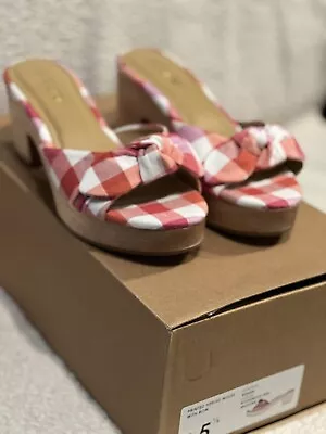 J Crew Womens  Heeled Mules Bow Bohemian Red Wildfire Sandals Shoes Size 5.5 New • $45.99
