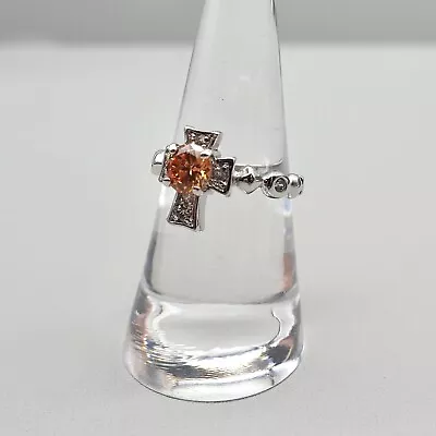 Ring Cocktail Champagne Crystal Maltese Cross Silver Tone Band Boho Size 7.5 • $13.59