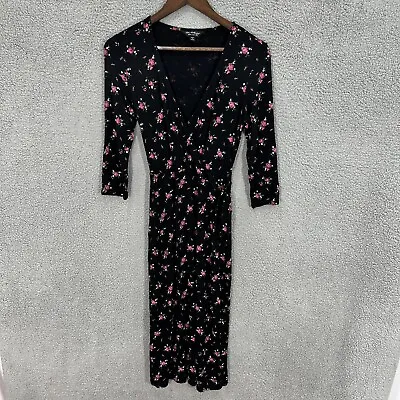 Miss Selfridge Dress Womens 4 Black Floral All Over Print Midi Wrap Romantic • $15.99