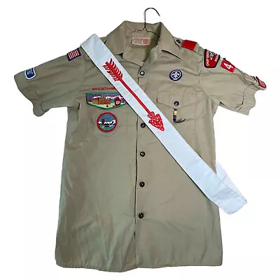 VTG Boy Scout Official Men's Short Sleeve Shirt With Patches & Sash SM 14-14.5 • $34.99
