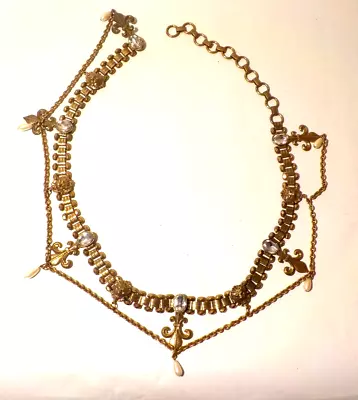 Vtg. Women's Decorative Chain Belt W/ Glass Stones Pearls Lions Head & Fleur • $28