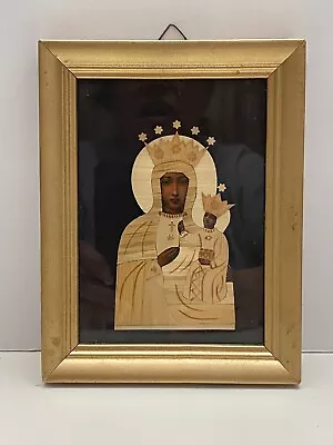 Vtg Marquetry Bamboo Inlay Inlaid Framed Art Work Madonna And Child Mary Jesus • $19.99