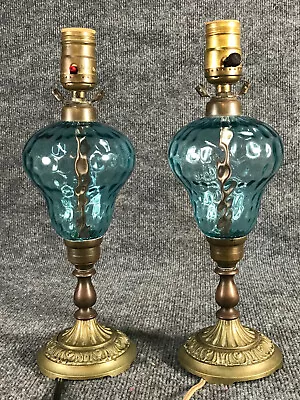 PAIR Vintage Bedside Lamps 13  Mid Century Optic Glass Globe & Brass Finish  VTG • $108