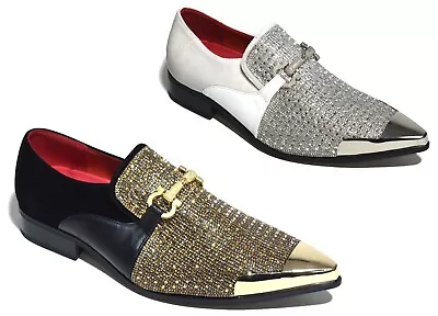 Mens Diamante Metal Pointed Toe Wedding Party Slip On Outdoor Shoes Uk Size 6-11 • £45.99