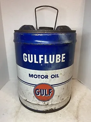 Vintage EMPTY GULF 5 Gal. GULFLUBE Steel Oil Can Great Graphics Empty Can • $124.95