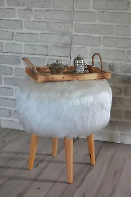 Vermo 17 Inch Round Faux Fur Ottoman - Fluffy Foot Stool And Wood Legs • $78.52