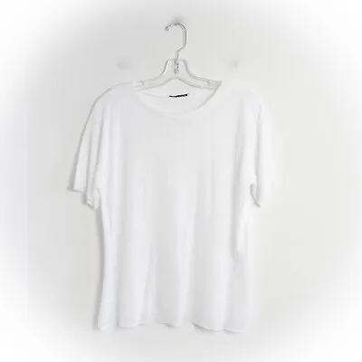 Zara White Knit T-shirt Linen Blend Stretch Round Neck M Medium Oversized Loose • $14