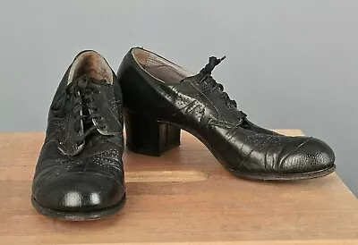 VTG Women's 40s Black Leather Shoes Sz 6.5 AAAAA (Very Narrow) 1940s 1.75  Heel • $85.63