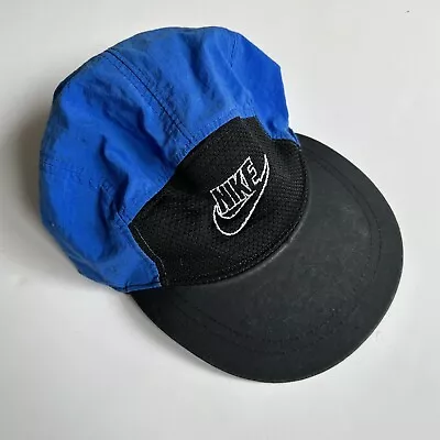 Vintage 90s Nike 5 Panel Hat Cap Adjustable Nylon Blue Black OSFA • $29.99
