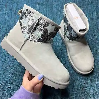 UGG Classic Mini Sequin Star Boots In Gray Shearling Lined Size 6 Women's • $124.99