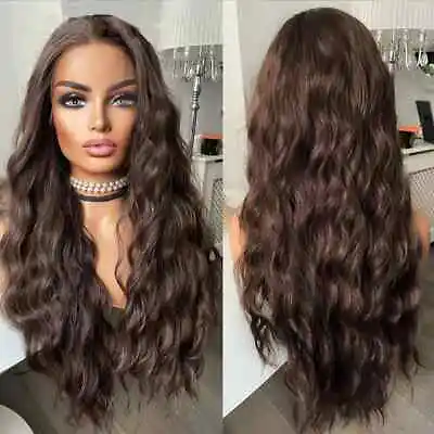 Glueless Lace Front Wigs Heat Resistant Hair Synthetic Dark Brown Water Wavy • £29.99