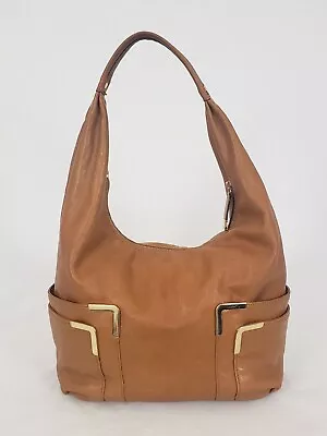 Michael Kors Medium Brown Leather Gold Metal Purse Handbag Shoulder Zip • $25