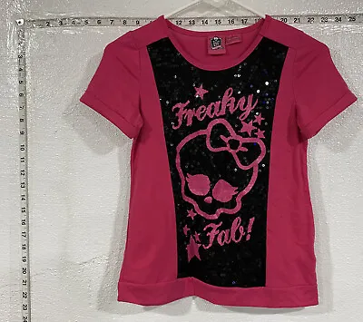 Monster High Girls Pink Black Sequin Skull Heart Hair Bow Shirt Freaky Fab • $14.88