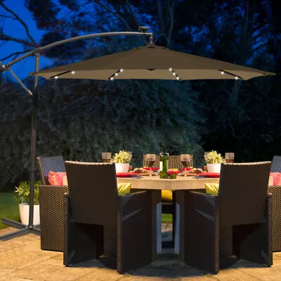 3M Banana Cantilever Parasol With LED Lights Outdoor Garden Crank Umbrella Taupe • £104.95