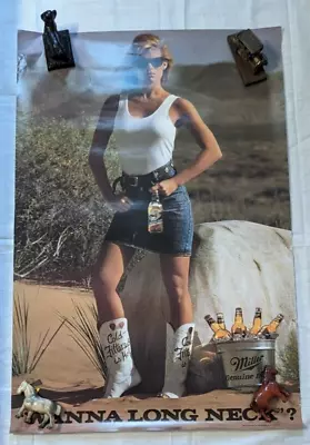 Vtg Wanna Long Neck? Miller Beer Cowgirl 20 X 30  Sexy Poster - Free Shipping • $19.99