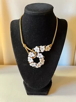 Vintage  Trifari  Gold Tone Milk Glass Flower & Rhinestone Necklace Signed • $75