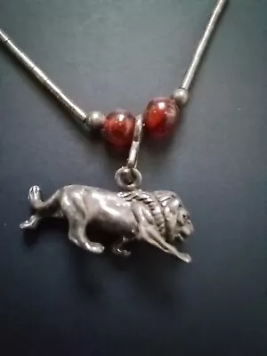 Vintage Sterling Silver Lion Pendant & Red Glass Bead Vtg Choker Necklace • $34.99