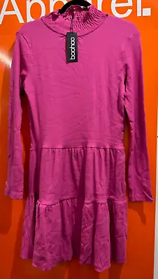 Boohoo Roll Neck Long Sleeve Mini Dress Magenta Pink Size 16 New Sf • £8.95