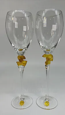 VTG Crystal Wine Glasses Hand Blown Abstract Murano Long Stem 11.5” Set Of 2 • $64