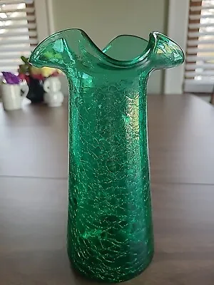 Crackle Glass Emerald Green Hand Blown Ruffle Top Vase 8” Tall • $27