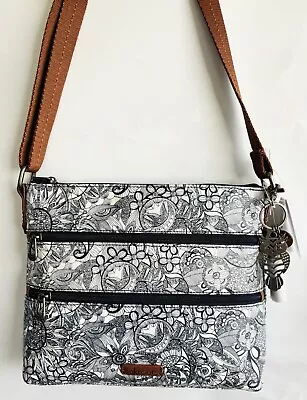 Sakroots Crossbody Bag Navy Circle Blue Floral Print Zip Owl Charm • $59.10