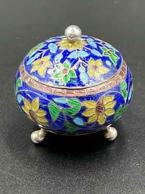 £27.24 • Buy 925 Sterling Enamel Footed Trinket Box Blue/Green Flowers Hinged 30g