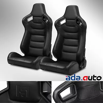 JDM Reclinable PVC Main Black Carbon Fiber Style Leather Racing Seats W/Slider • $329.38