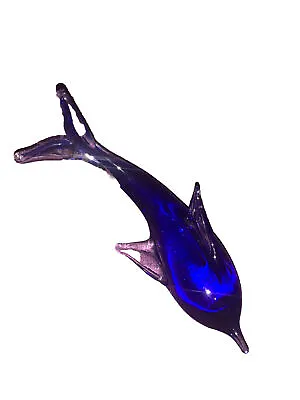 Hand Blown Murano Style Art Glass Dolphin Figurine Blue Clear Swirl • $45