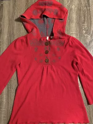 Moth Hooded 1/4 Button Red Sweater Beautiful Gray Floral Pattern EUC Sz S Bin H  • $35