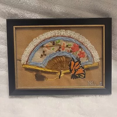 Vintage White Lace Fan W/ Butterflies & Flowers Crewel Embroidery 5x7 Filigree • $12.99