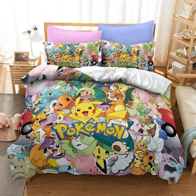 3D Pokemon Pikachu Anime Quilt Duvet Cover Bedding Set Single Double Queen Gifts • $36.49