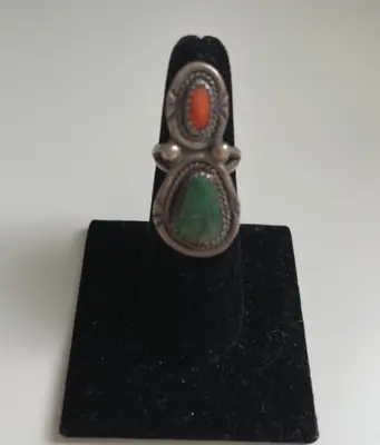 Dead Pawn Sterling Silver Coral & Turquoise Ring Size 4.75-5 • $39.99