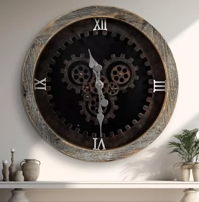 24” Large Wall Clock With Moving Gears Decorative Wood Vintage Rustic • $100