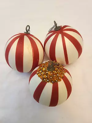 Vintage White & Red Stripe Thread Wrapped Christmas Tree Ornaments Set Of 3 • $6