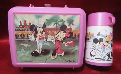 Vintage Mickey Mouse Film Festival Plastic Lunch Box With Thermos • $12
