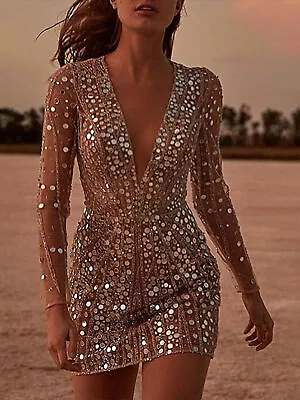 $6.99 • Buy Sexy Women Sequin Dot Mini Dress Bodycon Deep V Neck Party Club Cocktail Dress