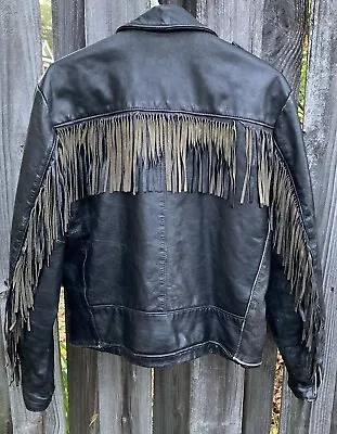 Vintage Sears The Leather Shop Motorcycle Jacket Sz 44 Pockets Fringe USA • $120