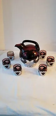 Vintage FARBER BROS KROME KRAFT ROUND DECANTER W/ 6 Cordial Or Shot Glasses • $89