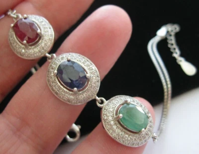 $81.14 • Buy Sterling Silver Real Ruby Emerald Sapphire Tennis BRACELET Hallmarked 8.90g