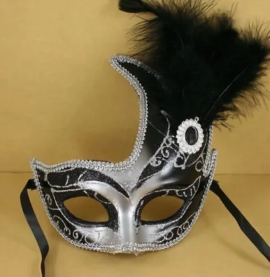 (BLACK) FANCY SWAN Mardi Gras Side Feathered Plastic Glitter Mask (CLOSEOUT) • $2.76