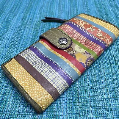 FOSSIL Multicolor Green Purple Stripe Clutch Leather Wallet Billfold ID Cards • $17.99