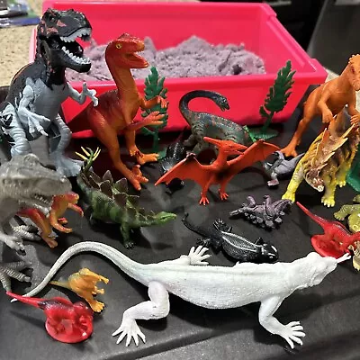 25 Pc Kids Toy Dinosaur Moon Sand Box Lot With Trees & Big Mix Of Dinosaurs • $16.95