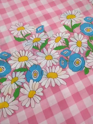 Vintage Retro Pink Gingham White Blue Daisy Flower Material Fabric 60s 70s 80s • £12