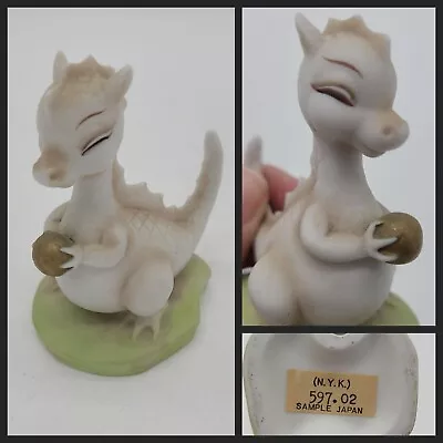 $19.99 • Buy Vtg Ceramic Dragon Holding Ball Figurine Miniature Bisque No Wings Cute Happy