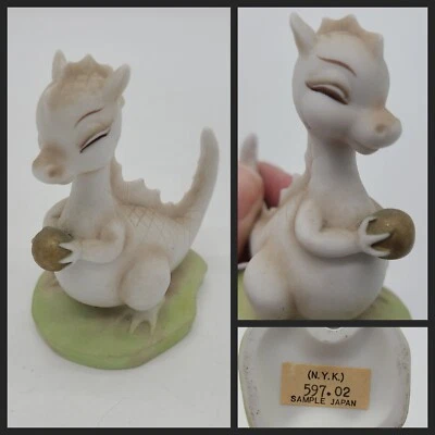 $19.99 • Buy Vtg Ceramic Dragon Holding Ball Figurine Miniature Bisque No Wings Cute Happy
