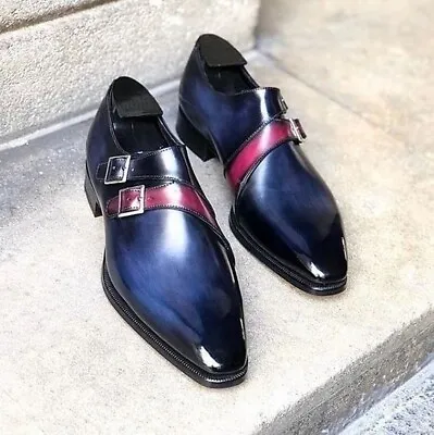 Handmade Genuine Blue Leather Double Monk Strap Office Wear Shoes For Client • $99.99