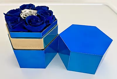 The Million Roses Blue Metallic Hexagon Preserved Roses Flowers Blue Silver • £20