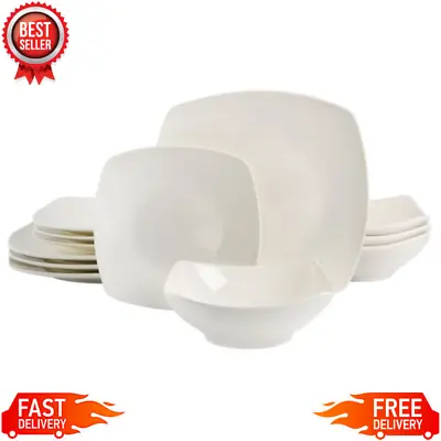 $28.99 • Buy 12 Piece Dinnerware Set Ceramic Plate Bowl Dishes Square Dinner Plates, White